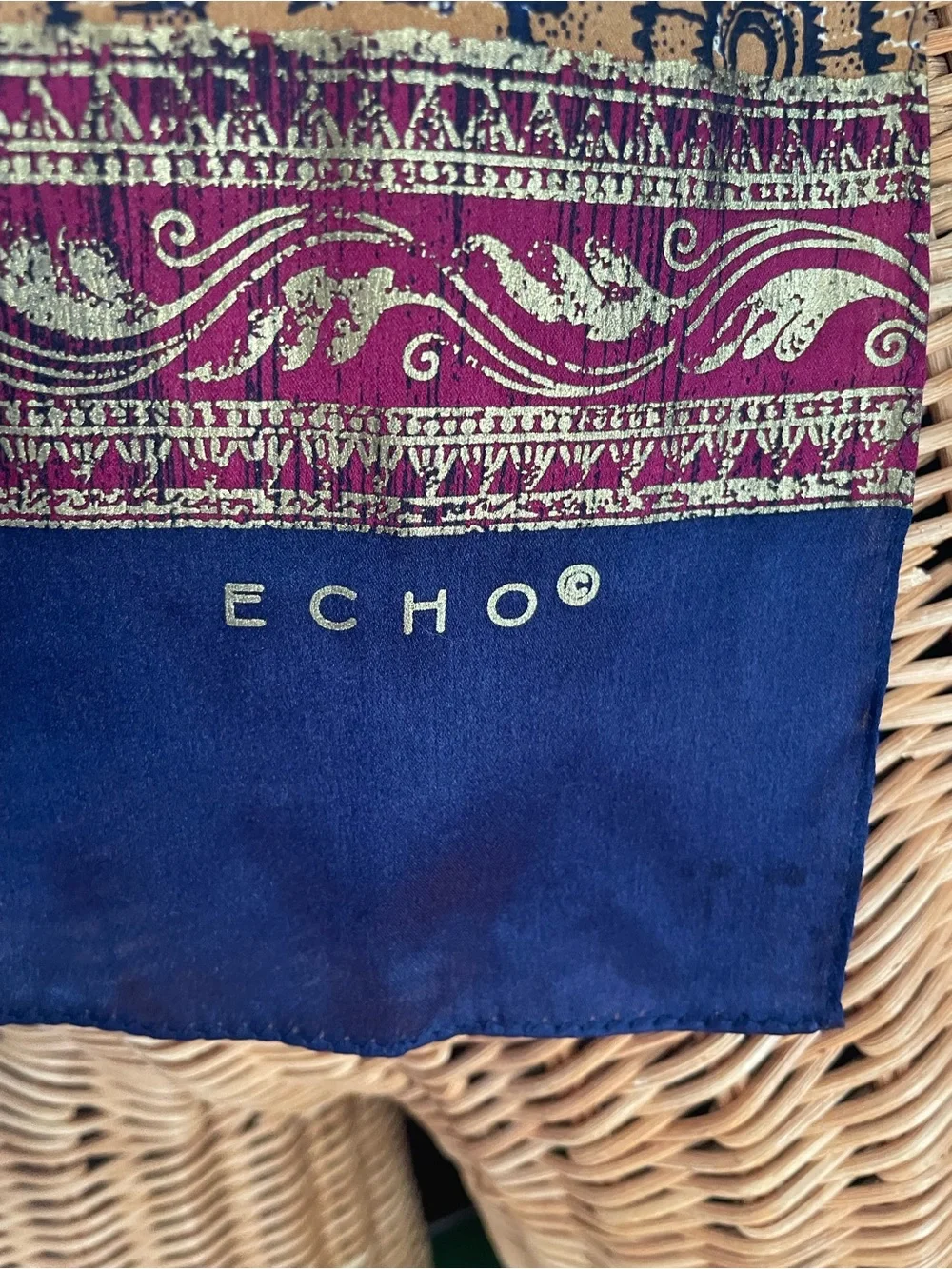 Vintage ECHO Silk Scarf Ornate Ethnic Tapestry Print Gold Burgundy Navy Blue